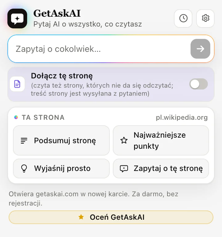 Okno rozszerzenia GetAskAI: „Podsumuj stronę”, „Najważniejsze punkty”, „Wyjaśnij prosto” i „Zapytaj o tę stronę”