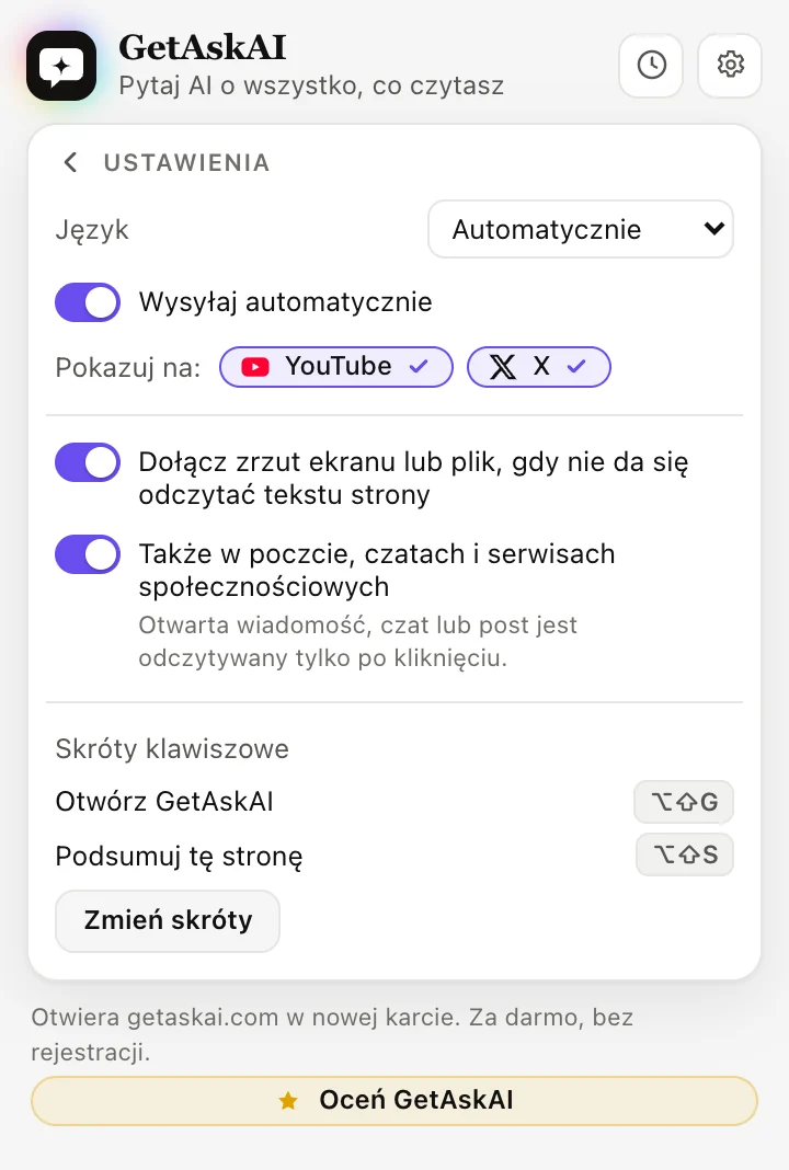 Ustawienia rozszerzenia GetAskAI: język, „Wysyłaj automatycznie”, YouTube i X, skróty klawiszowe