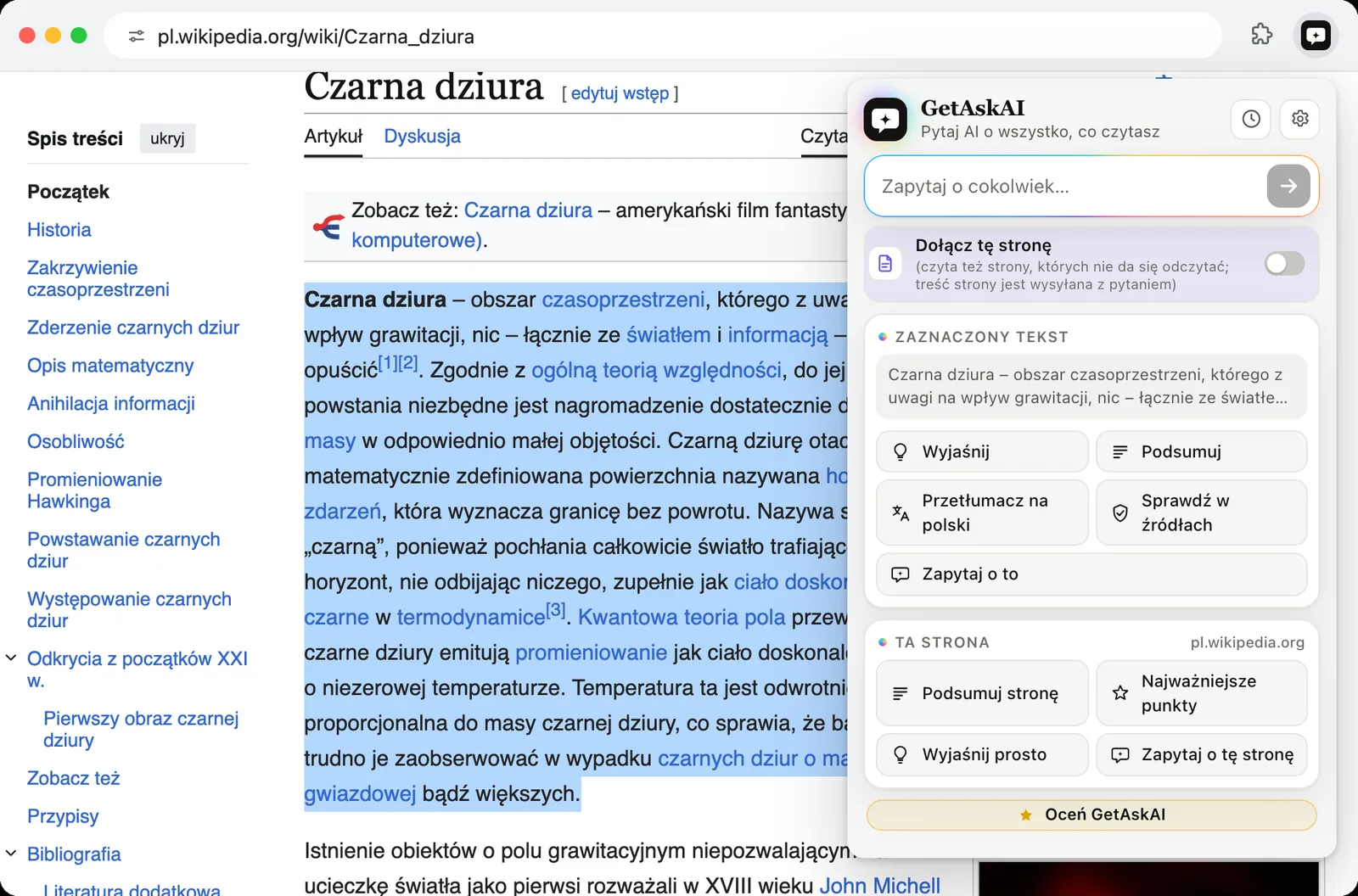 Zaznaczony akapit w Wikipedii i przyciski GetAskAI: „Wyjaśnij”, „Podsumuj”, „Przetłumacz na polski”, „Sprawdź w źródłach”
