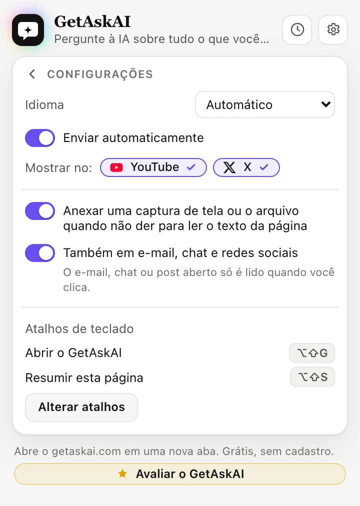 Configurações da extensão GetAskAI: idioma, Enviar automaticamente, YouTube e X, atalhos de teclado