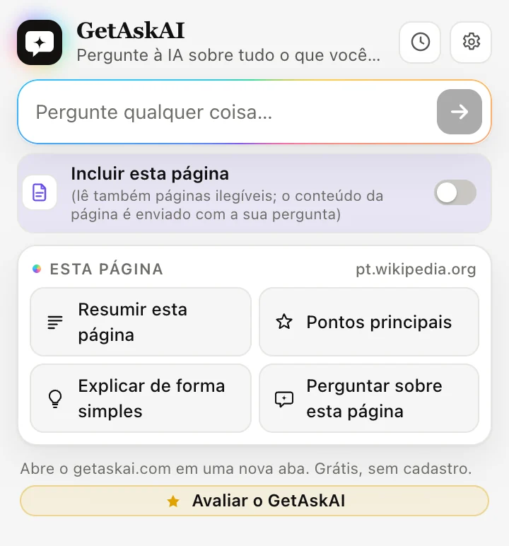Janela da extensão GetAskAI: Resumir esta página, Pontos principais, Explicar de forma simples e Perguntar sobre esta página
