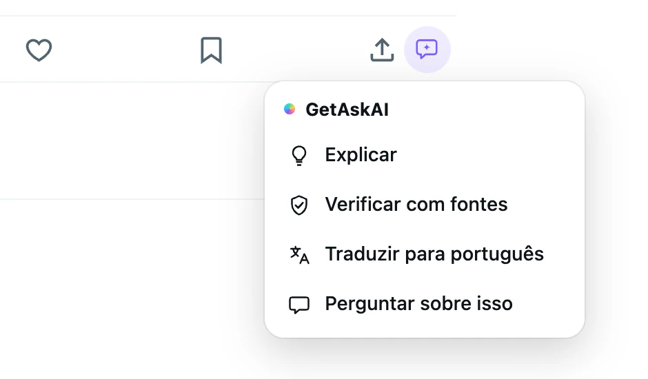 Menu do GetAskAI abaixo de um post do X: Explicar, Verificar com fontes, Traduzir para português, Perguntar sobre isso