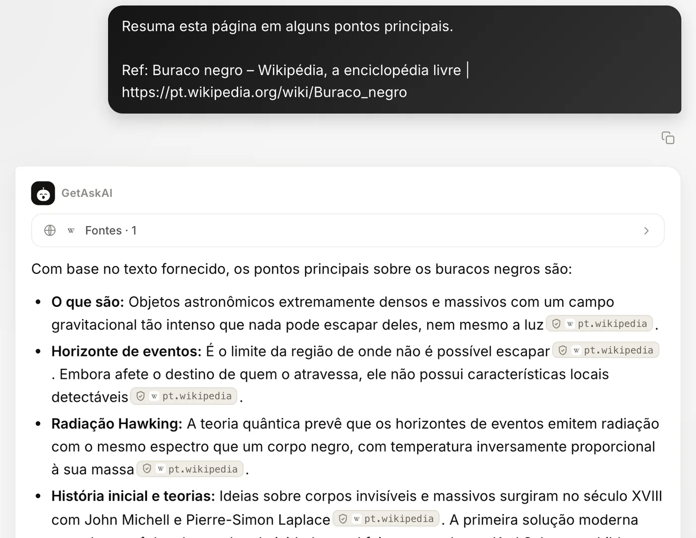 Resumo em tópicos de uma página da Wikipédia no getaskai.com, com etiquetas de fonte