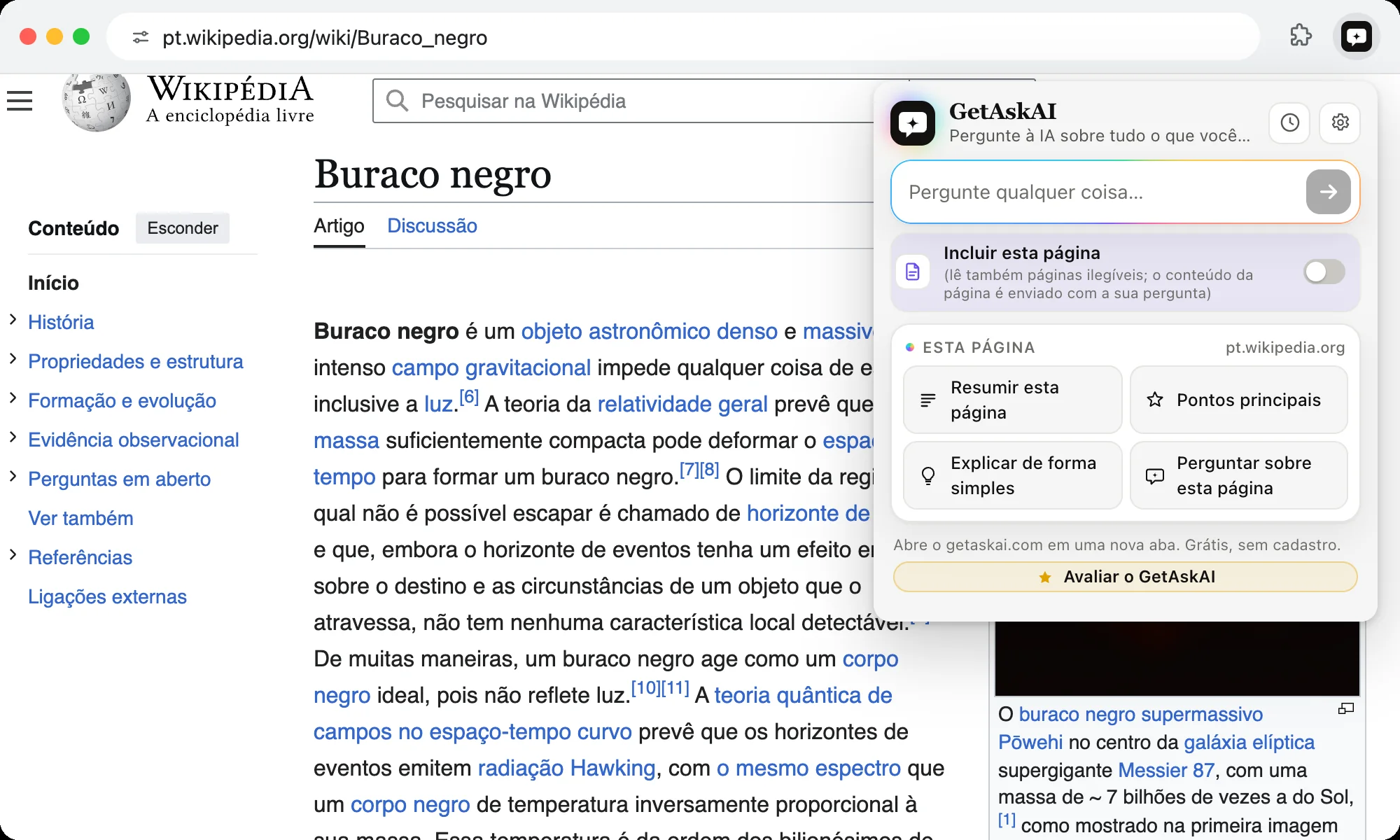 Extensão GetAskAI aberta em um artigo da Wikipédia com os botões Resumir esta página, Pontos principais e Explicar de forma simples