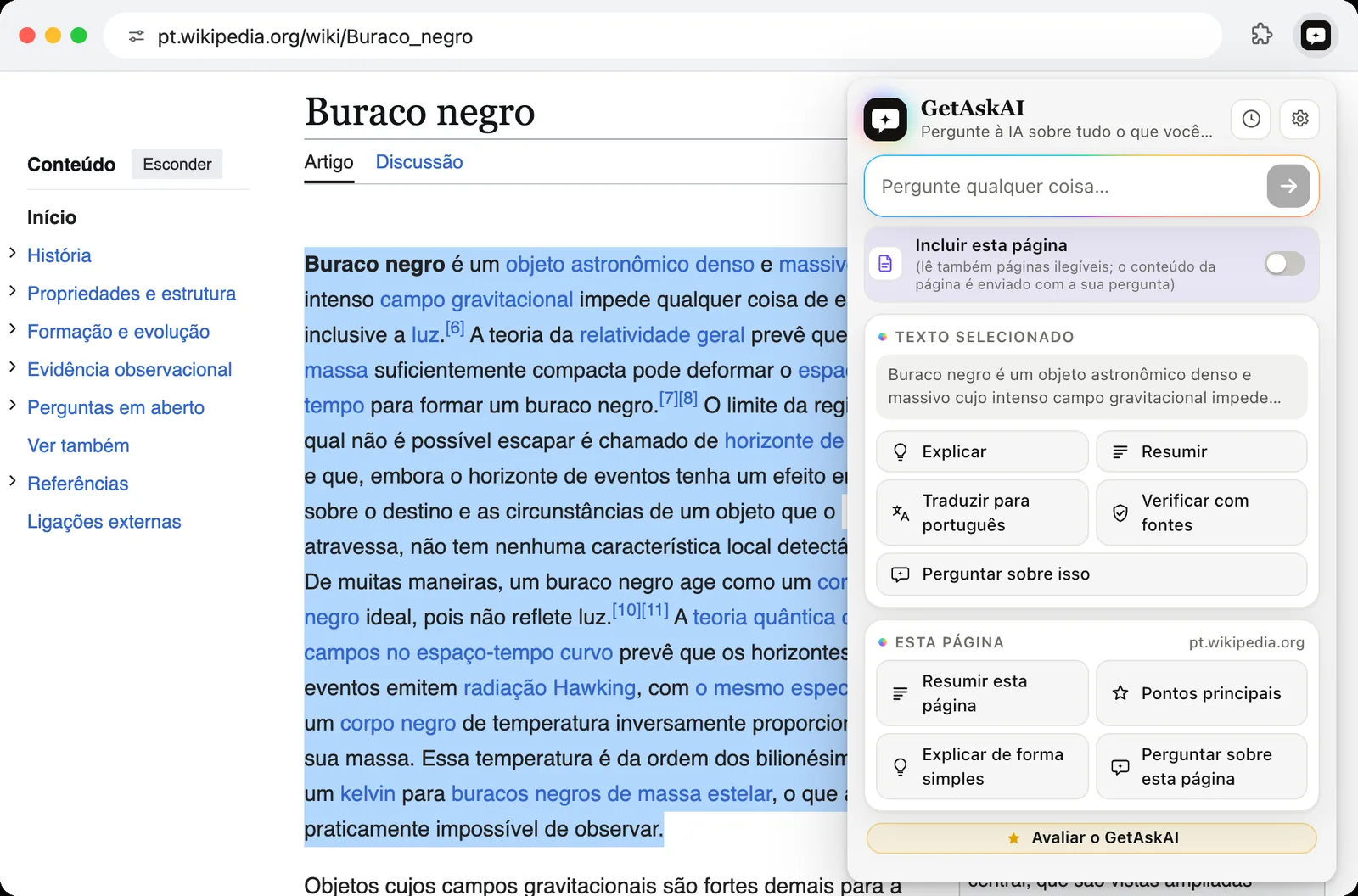 Parágrafo selecionado na Wikipédia e os botões do GetAskAI: Explicar, Resumir, Traduzir para português e Verificar com fontes