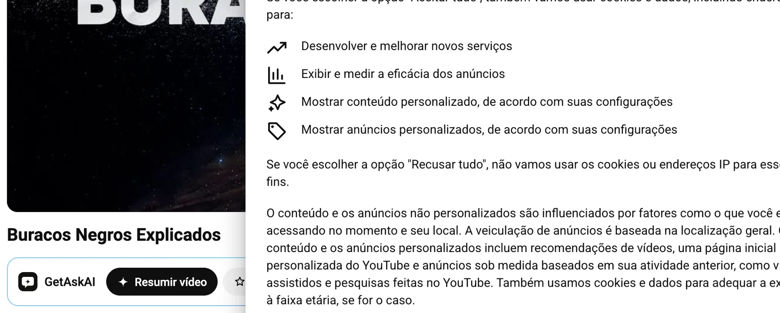 Cartão do GetAskAI abaixo do título de um vídeo do YouTube: Resumir vídeo, Pontos principais, Analisar comentários
