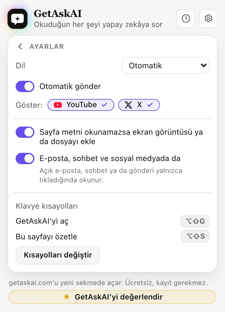 GetAskAI eklenti ayarları: dil, Otomatik gönder, YouTube ve X, klavye kısayolları
