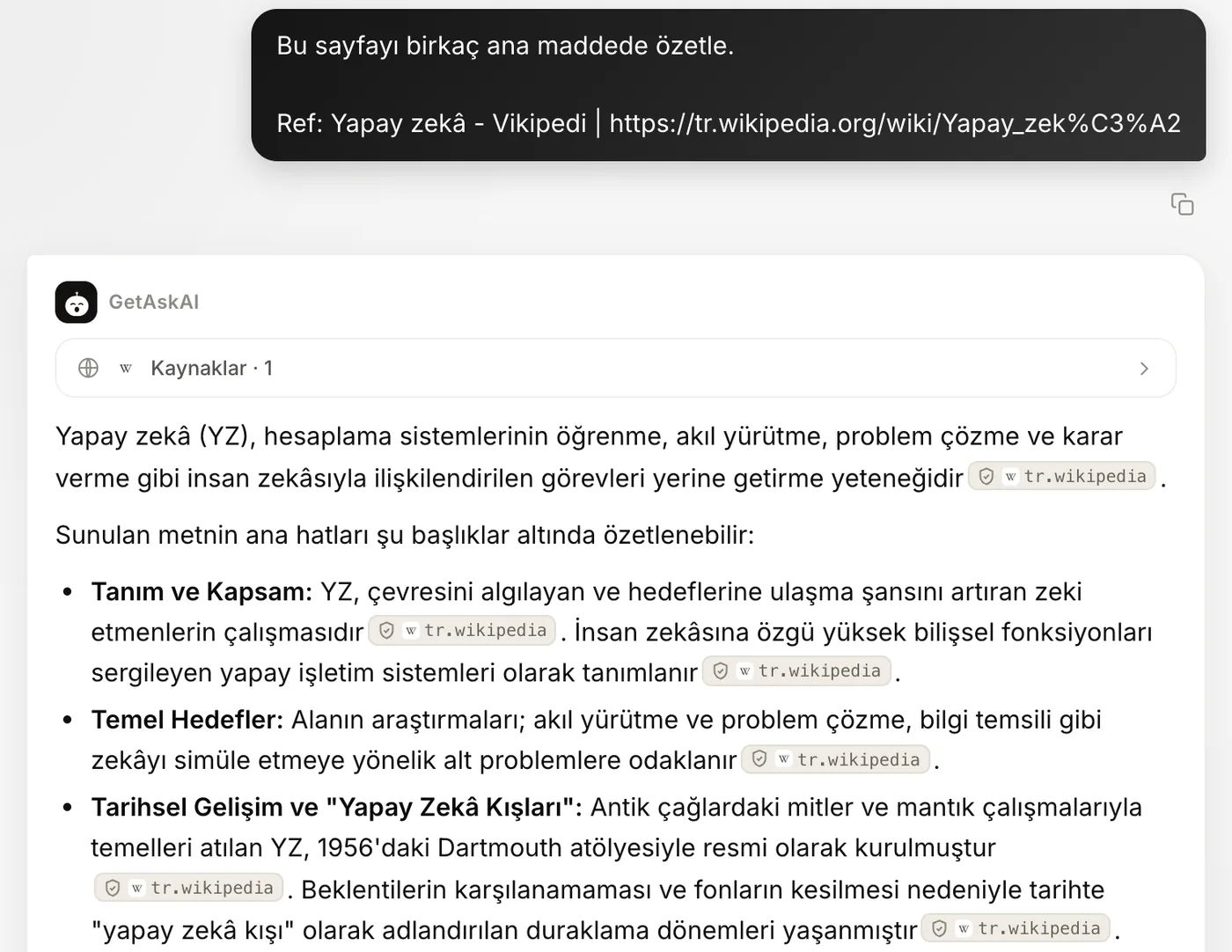 getaskai.com'da Vikipedi sayfasının maddeler halinde özeti ve kaynak etiketleri