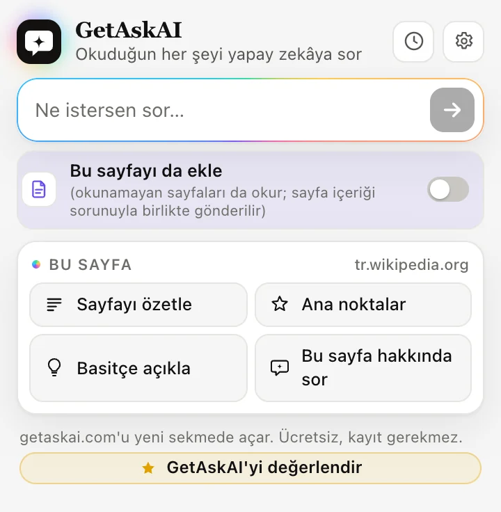 GetAskAI eklenti penceresi: Sayfayı özetle, Ana noktalar, Basitçe açıkla ve Bu sayfa hakkında sor