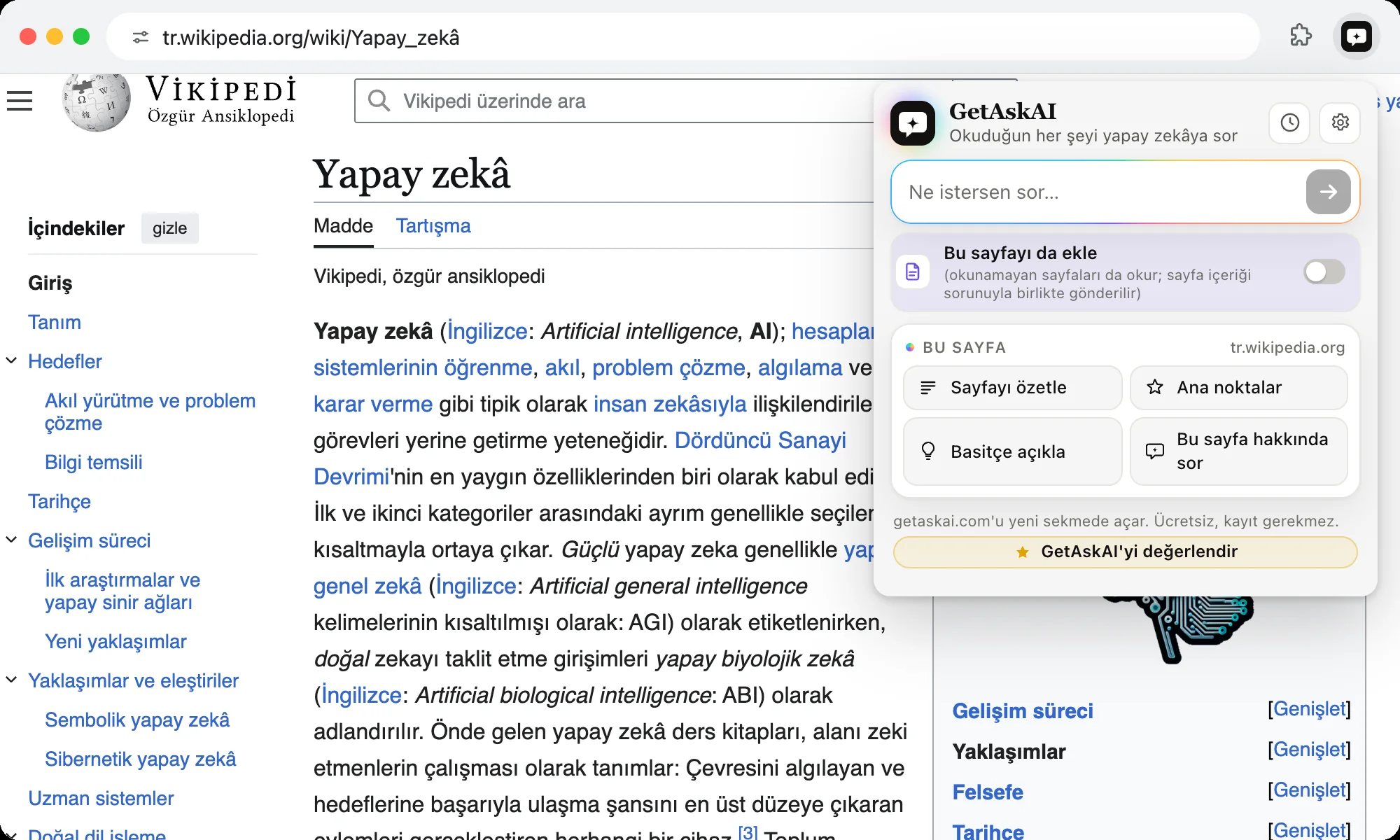GetAskAI eklentisi açık: Vikipedi sayfasında Sayfayı özetle, Ana noktalar ve Basitçe açıkla düğmeleri