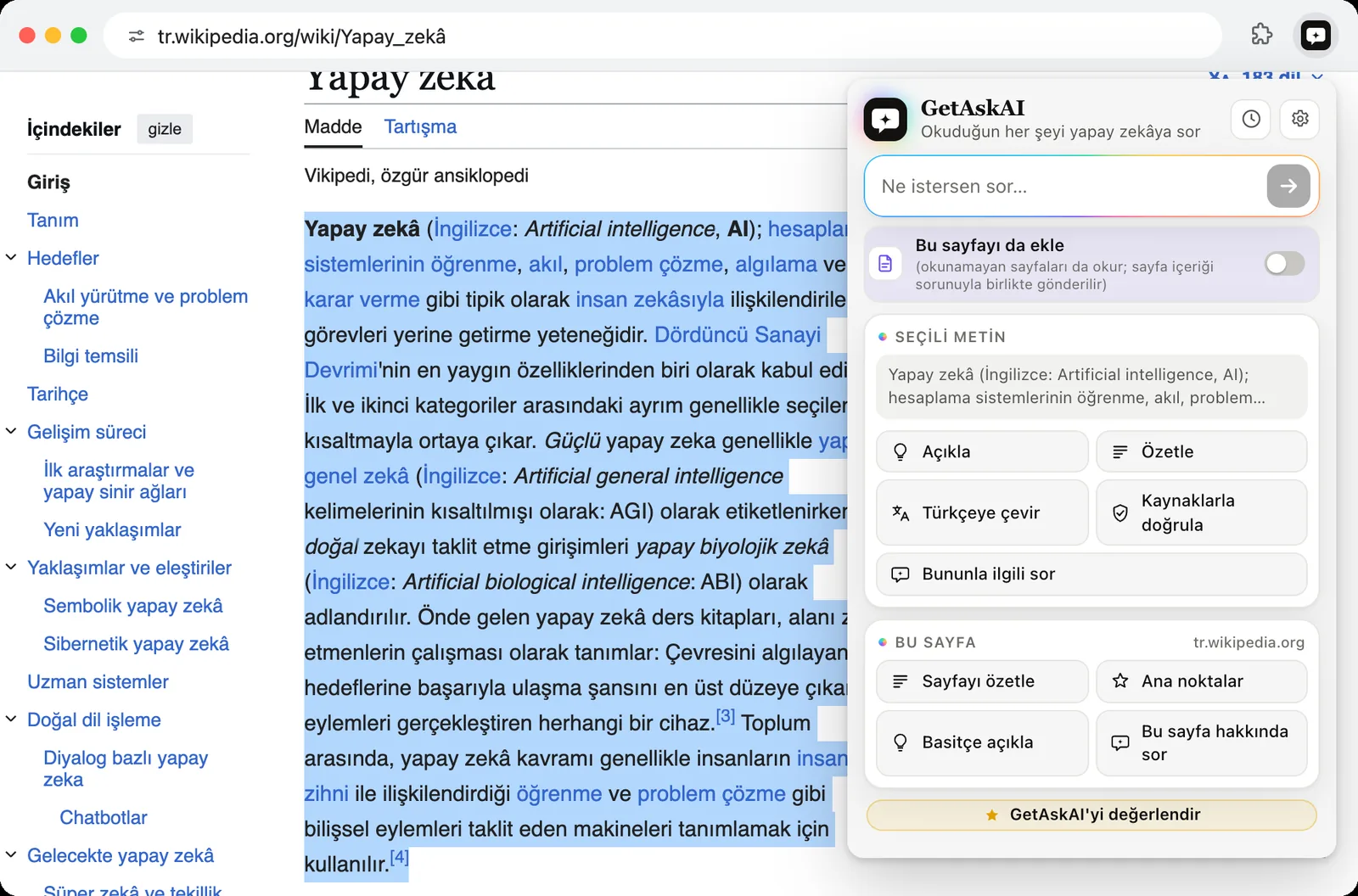 Vikipedi'de seçili paragraf ve GetAskAI'nin Açıkla, Özetle, Türkçeye çevir, Kaynaklarla doğrula düğmeleri